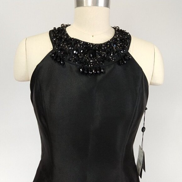 Adrianna Papell Mikado Fit & Flare Dress Black Size 2 NWT Beaded Hi Low Pockets - Picture 4 of 12